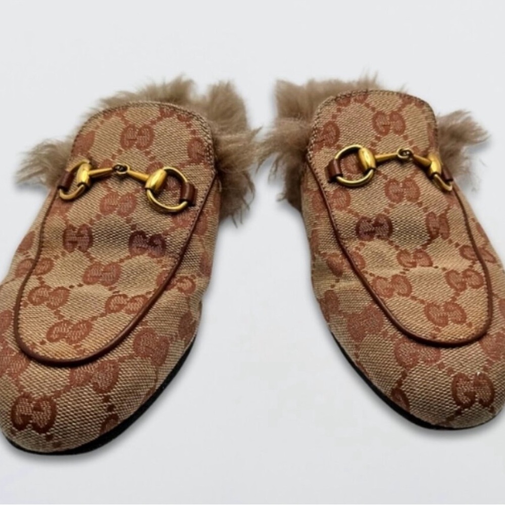 💯GUCCI Monogram Brown and Gold FUR Loafers - Picture 5 of 9